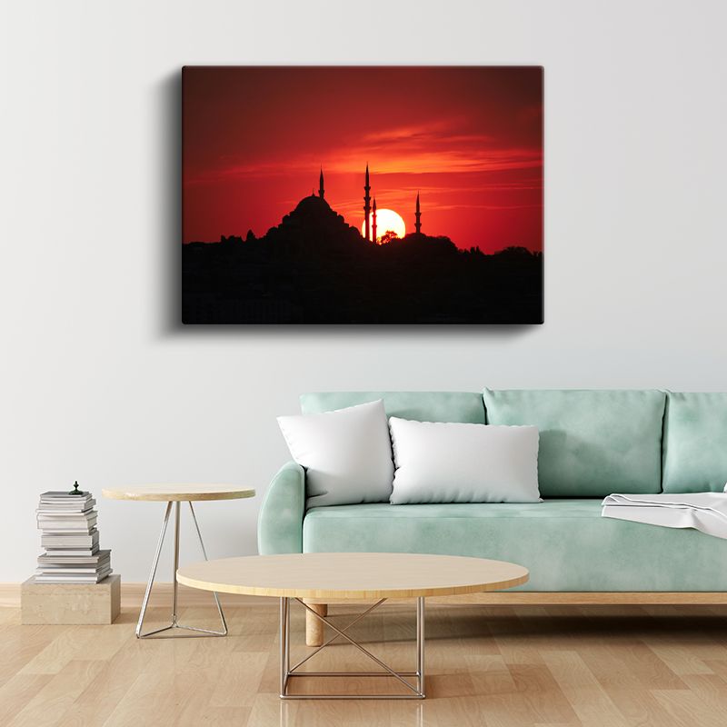 Süleymaniye Silüeti - Kırmızı Gün Batımında Cami Kanvas Tablo