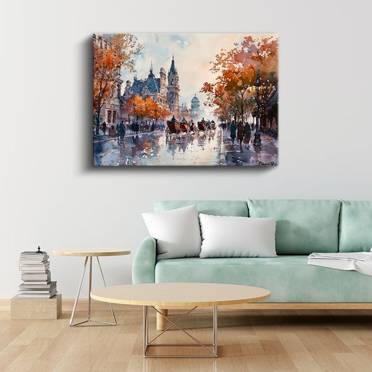 Sonbahar Sokağı - Atlı Arabalar ve Tarihi Yapılar Kanvas Tablo