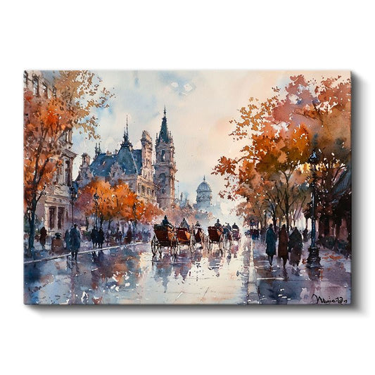 Sonbahar Sokağı - Atlı Arabalar ve Tarihi Yapılar Kanvas Tablo