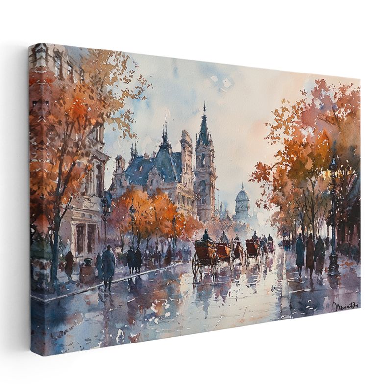 Sonbahar Sokağı - Atlı Arabalar ve Tarihi Yapılar Kanvas Tablo