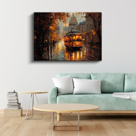Sonbahar Tramvayı - Yağmurlu Akşamda Işıklı Sokak Kanvas Tablo