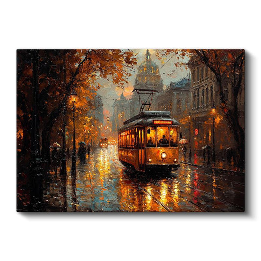Sonbahar Tramvayı - Yağmurlu Akşamda Işıklı Sokak Kanvas Tablo