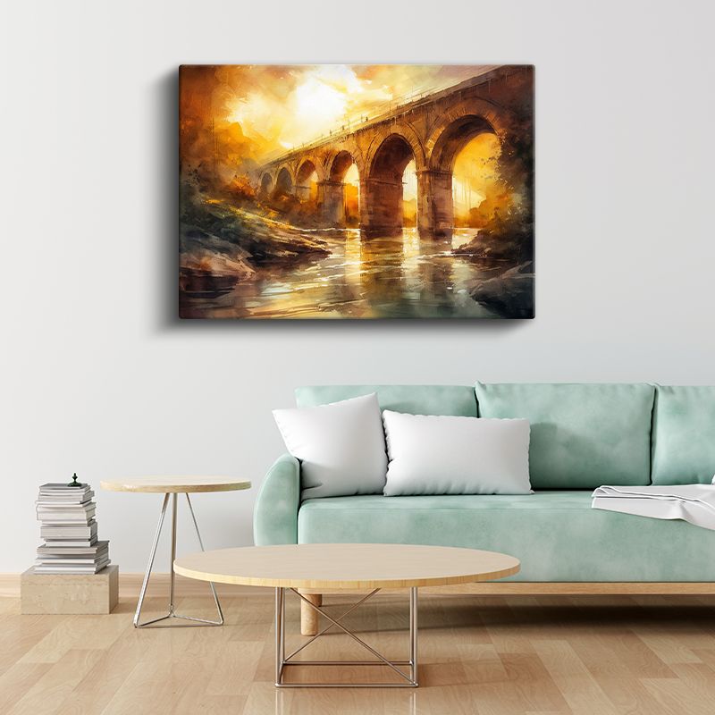 Taş Kemer Köprü - Altın Işıklı Suluboya Mimari Kanvas Tablo