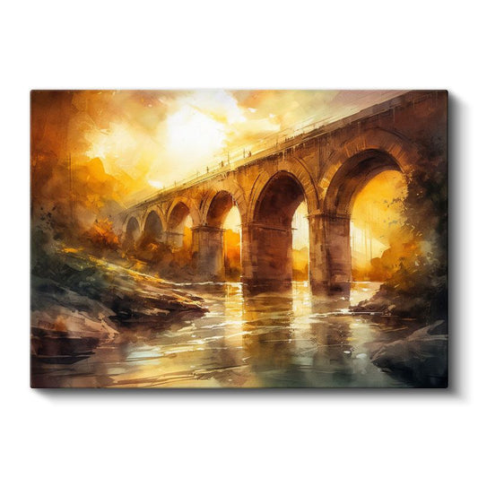 Taş Kemer Köprü - Altın Işıklı Suluboya Mimari Kanvas Tablo