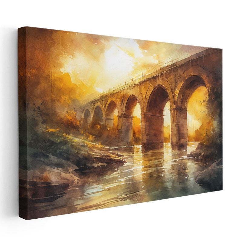 Taş Kemer Köprü - Altın Işıklı Suluboya Mimari Kanvas Tablo
