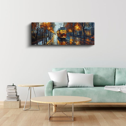 Sonbahar Tramvayı - Yağmurlu Akşam Sokağı Kanvas Tablo