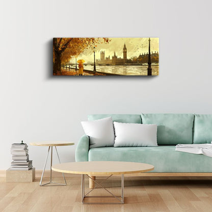 Westminster Manzarası - Sarı Şemsiyeli Sonbahar Kanvas Tablo