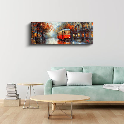 Kırmızı Tramvay - Işıklı Cadde Yansımaları Kanvas Tablo