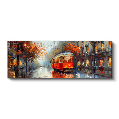 Kırmızı Tramvay - Işıklı Cadde Yansımaları Kanvas Tablo