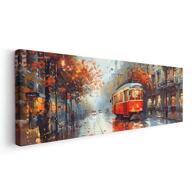 Kırmızı Tramvay - Işıklı Cadde Yansımaları Kanvas Tablo