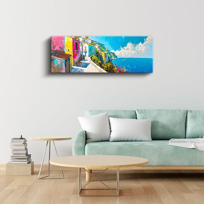 Renkli Sahil Sokağı - Mavi Deniz Manzarası Kanvas Tablo