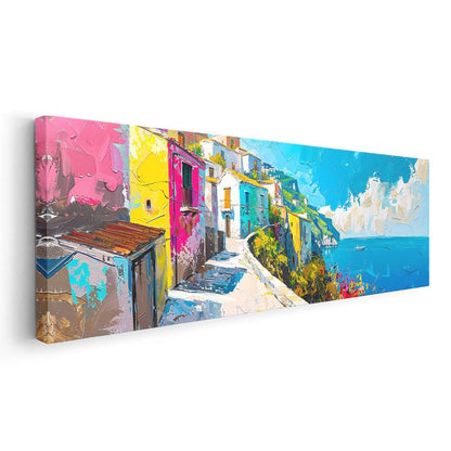Renkli Sahil Sokağı - Mavi Deniz Manzarası Kanvas Tablo