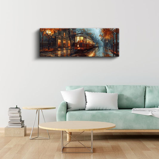 Şehir Tramvayı - Yağmurlu Cadde Işıkları Kanvas Tablo