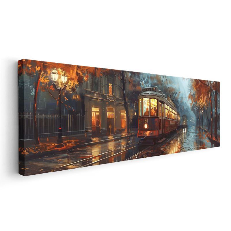 Şehir Tramvayı - Yağmurlu Cadde Işıkları Kanvas Tablo