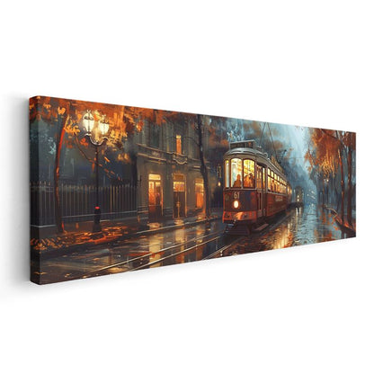 Şehir Tramvayı - Yağmurlu Cadde Işıkları Kanvas Tablo