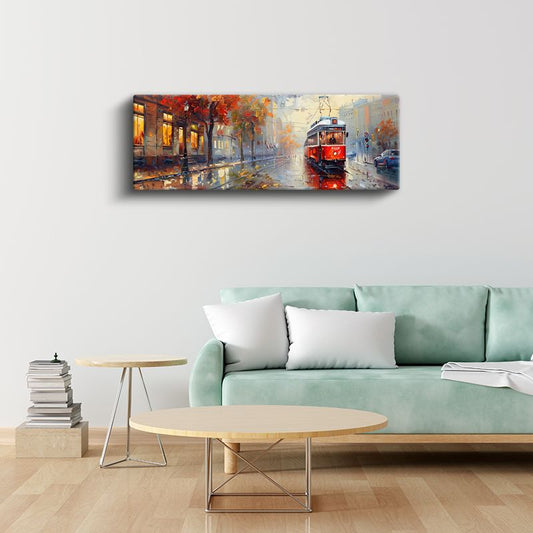 Sonbahar Tramvayı - Işıklı Cadde Yansımaları Kanvas Tablo