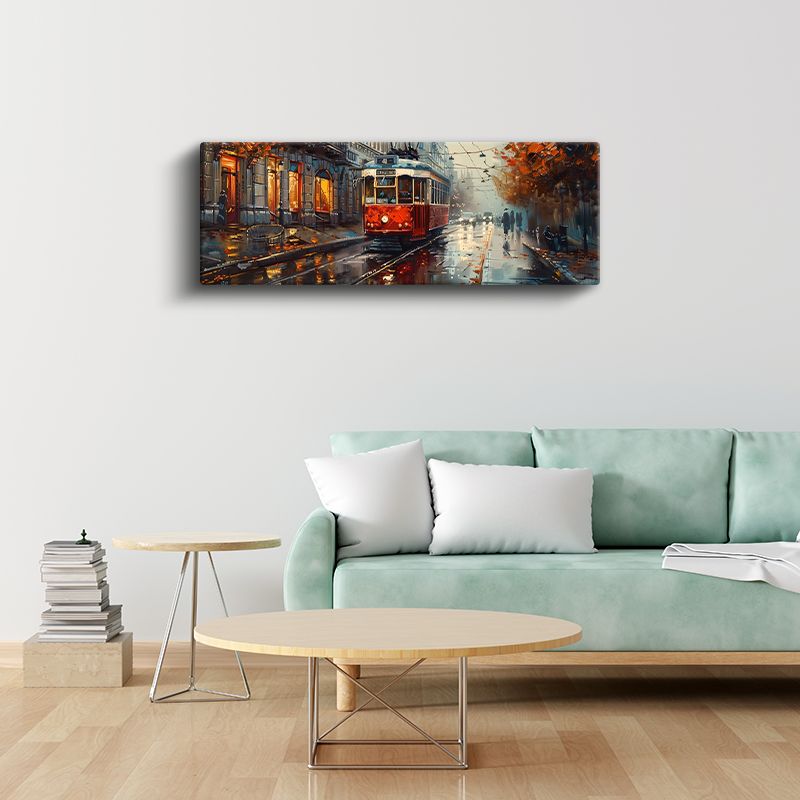 Kırmızı Tramvay - Yağmurlu Cadde Manzarası Kanvas Tablo