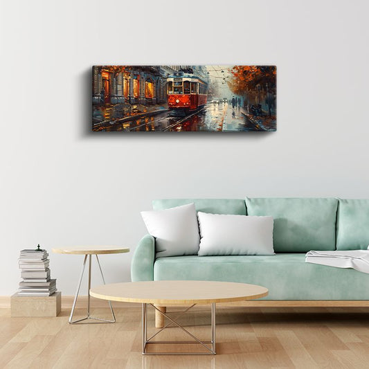 Kırmızı Tramvay - Yağmurlu Cadde Manzarası Kanvas Tablo