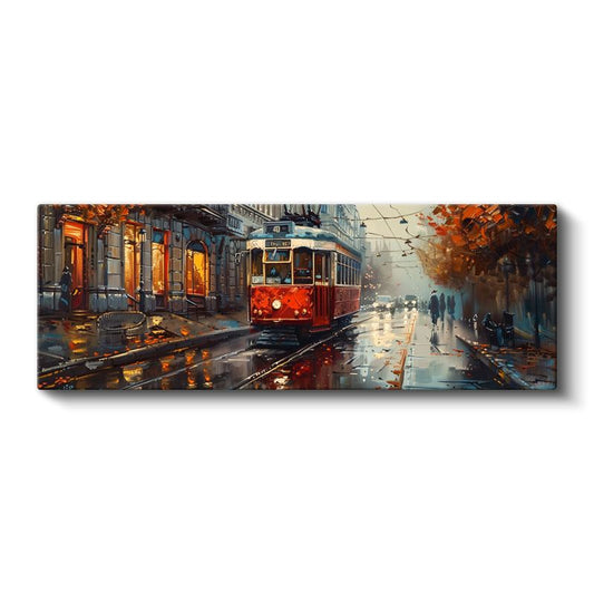 Kırmızı Tramvay - Yağmurlu Cadde Manzarası Kanvas Tablo