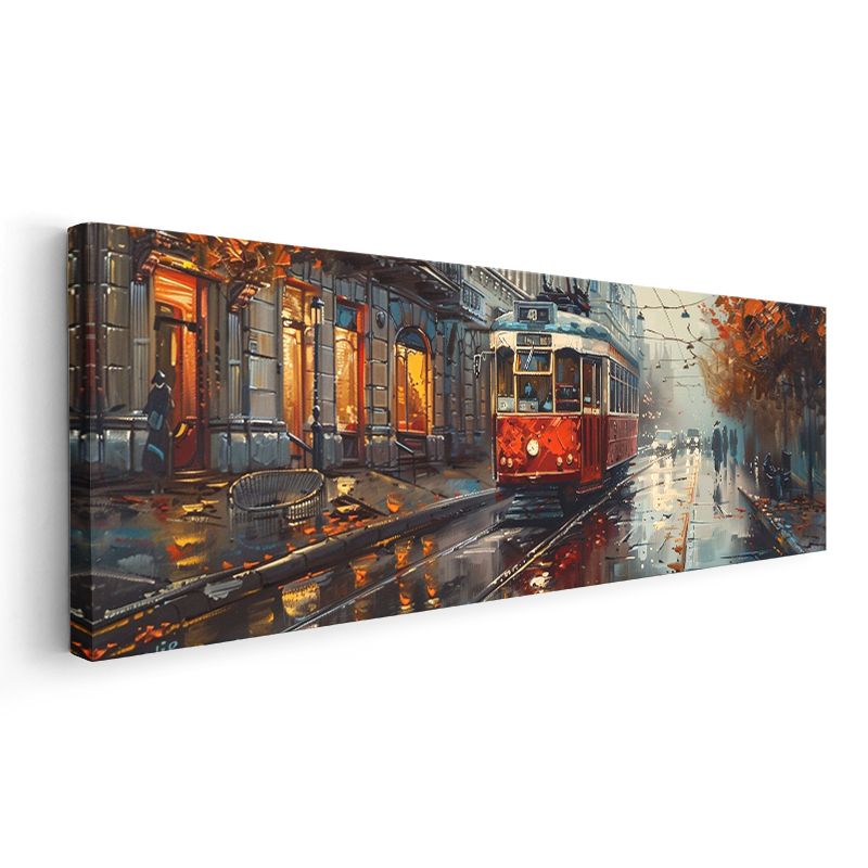 Kırmızı Tramvay - Yağmurlu Cadde Manzarası Kanvas Tablo