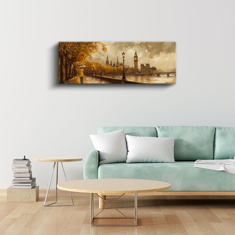 Londra Sonbaharı - Sarı Şemsiyeli Thames Yürüyüşü Kanvas Tablo