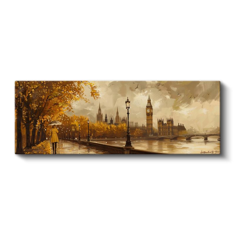 Londra Sonbaharı - Sarı Şemsiyeli Thames Yürüyüşü Kanvas Tablo