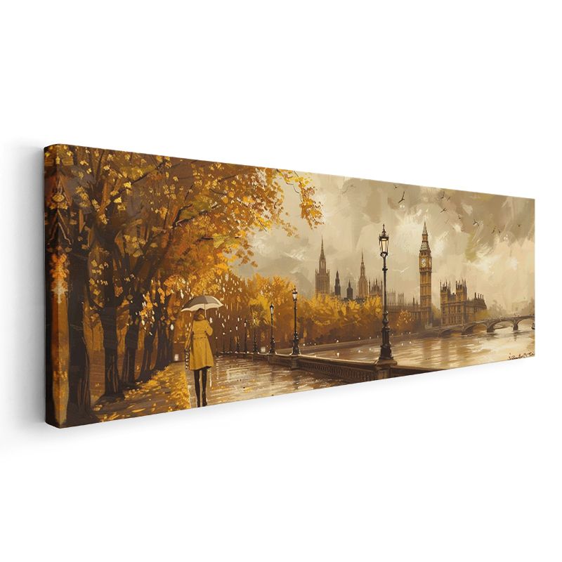 Londra Sonbaharı - Sarı Şemsiyeli Thames Yürüyüşü Kanvas Tablo