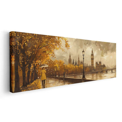 Londra Sonbaharı - Sarı Şemsiyeli Thames Yürüyüşü Kanvas Tablo