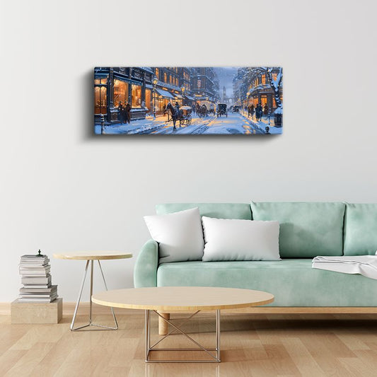 Kış Sokağı - Atlı Arabalar ve Işıklı Dükkanlar Kanvas Tablo