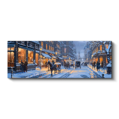 Kış Sokağı - Atlı Arabalar ve Işıklı Dükkanlar Kanvas Tablo