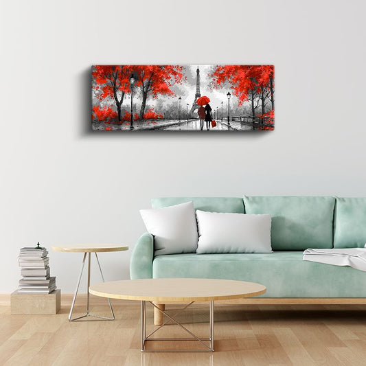 Kırmızı Paris - Şemsiyeli Çift ve Eyfel Kanvas Tablo