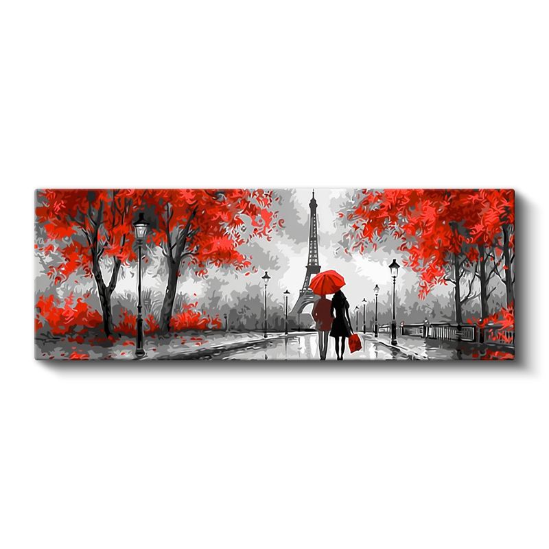 Kırmızı Paris - Şemsiyeli Çift ve Eyfel Kanvas Tablo