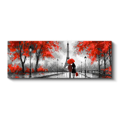 Kırmızı Paris - Şemsiyeli Çift ve Eyfel Kanvas Tablo