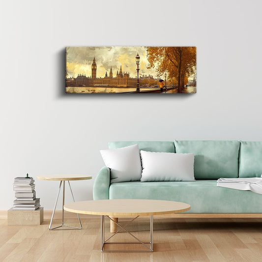 Londra Sonbaharı - Sarı Şemsiyeli Westminster Manzarası Kanvas Tablo