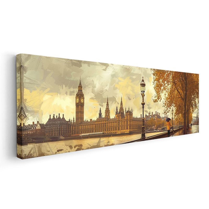 Londra Sonbaharı - Sarı Şemsiyeli Westminster Manzarası Kanvas Tablo