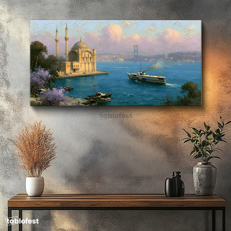 Yatay Panoramik Kanvas Tablo Ortaköy Camii İstanbul Boğazı Manzara Tablosu Ev Ofis Duvar Dekoru