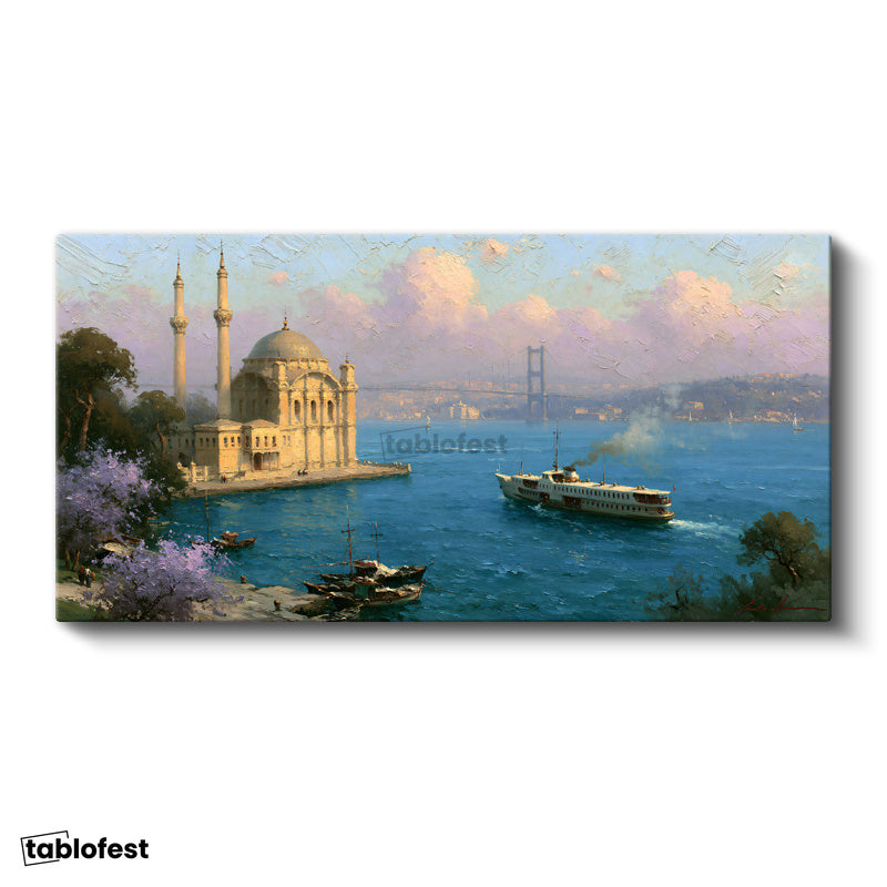 Yatay Panoramik Kanvas Tablo Ortaköy Camii İstanbul Boğazı Manzara Tablosu Ev Ofis Duvar Dekoru