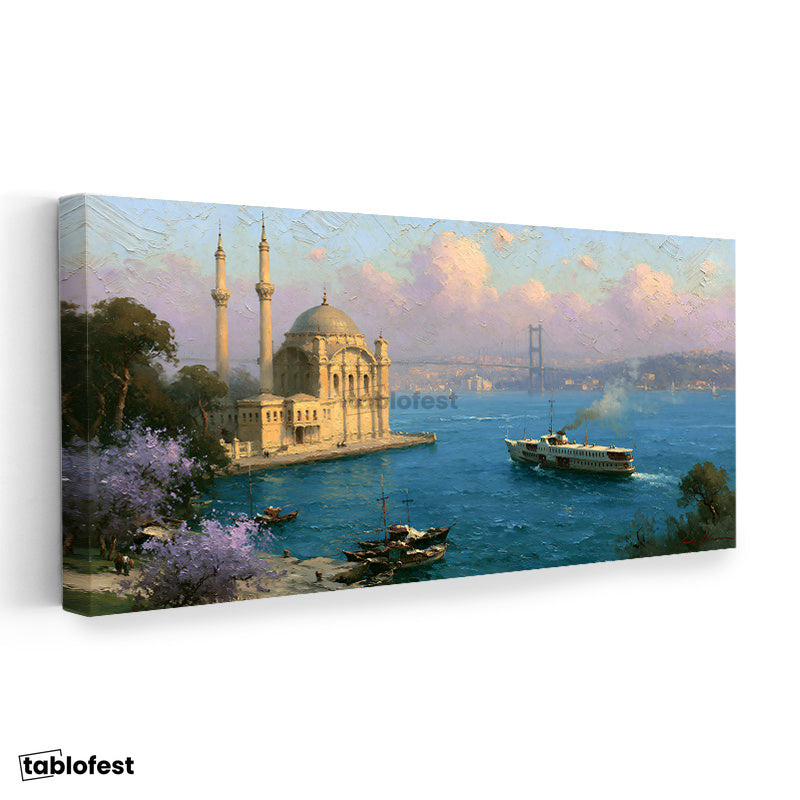 Yatay Panoramik Kanvas Tablo Ortaköy Camii İstanbul Boğazı Manzara Tablosu Ev Ofis Duvar Dekoru