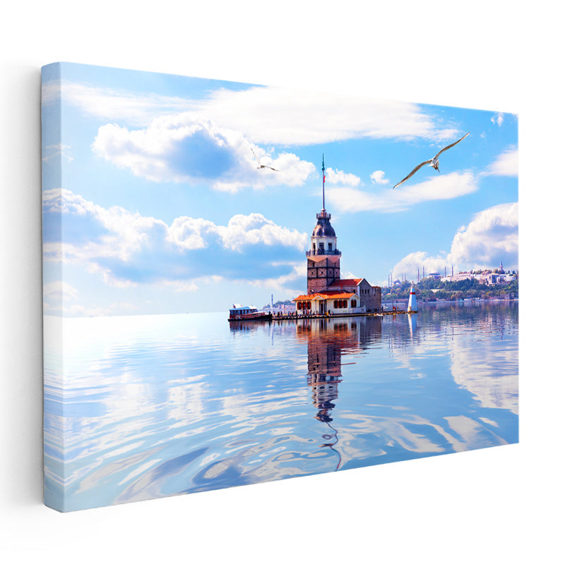 Yatay Kanvas Tablo Kız Kulesi Deniz Yansıması Şehir Mimari Tablo Ev Ofis Duvar Dekoru