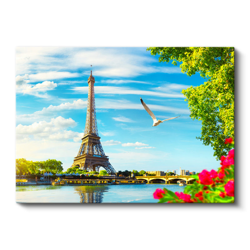 Yatay Kanvas Tablo Eyfel Kulesi Seine Nehri Çiçekler Şehir Mimari Tablo Ev Ofis Duvar Dekoru