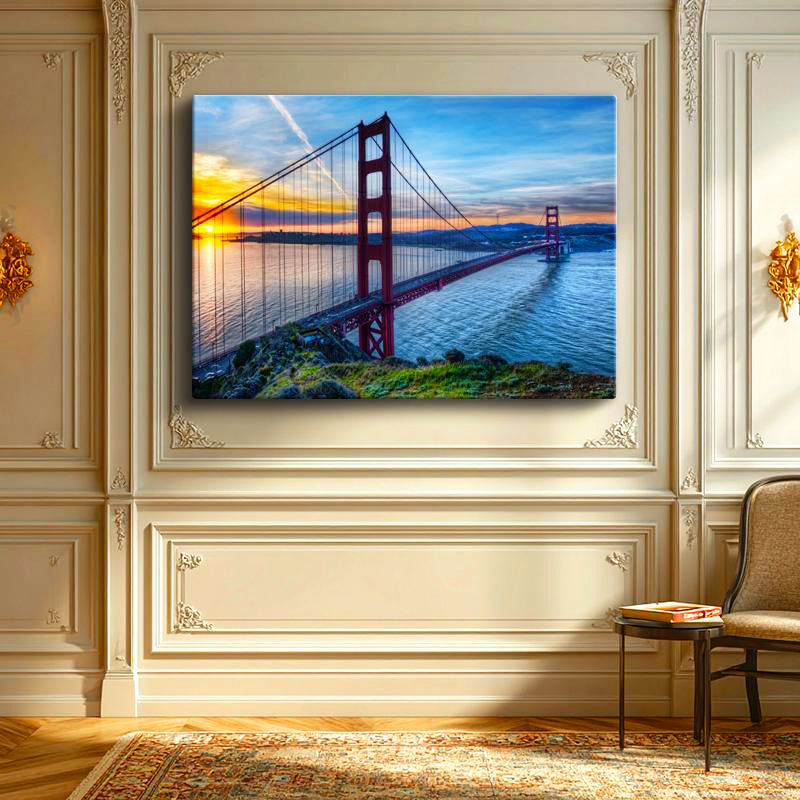 Yatay Kanvas Tablo Golden Gate Köprüsü Gün Batımı Ufuk Şehir Mimari Tablo Ev Ofis Duvar Dekoru