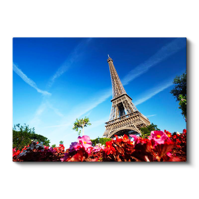 Yatay Kanvas Tablo Eyfel Kulesi Altı Çiçek Bahçesi Şehir Mimari Tablo Ev Ofis Duvar Dekoru
