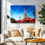 Yatay Kanvas Tablo Eyfel Kulesi Altı Çiçek Bahçesi Şehir Mimari Tablo Ev Ofis Duvar Dekoru