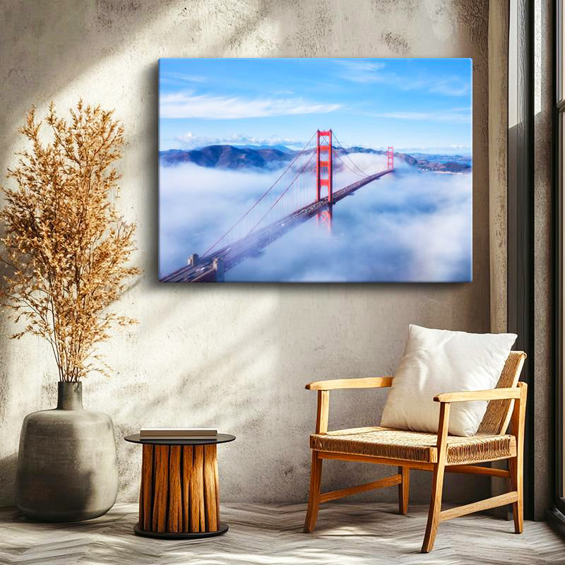 Yatay Kanvas Tablo Bulutlar Arasında Golden Gate Şehir Mimari Tablo Ev Ofis Duvar Dekoru