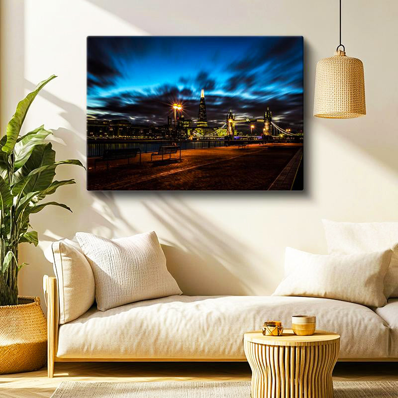 Yatay Kanvas Tablo Londra Tower Bridge Hareketli Bulutlar Şehir Mimari Tablo Ev Ofis Duvar Dekoru