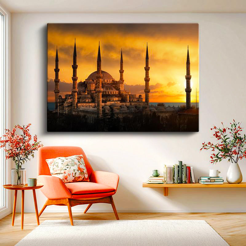 Yatay Kanvas Tablo Sultanahmet Camii Gün Batımı Silüeti Şehir Mimari Tablo Ev Ofis Duvar Dekoru