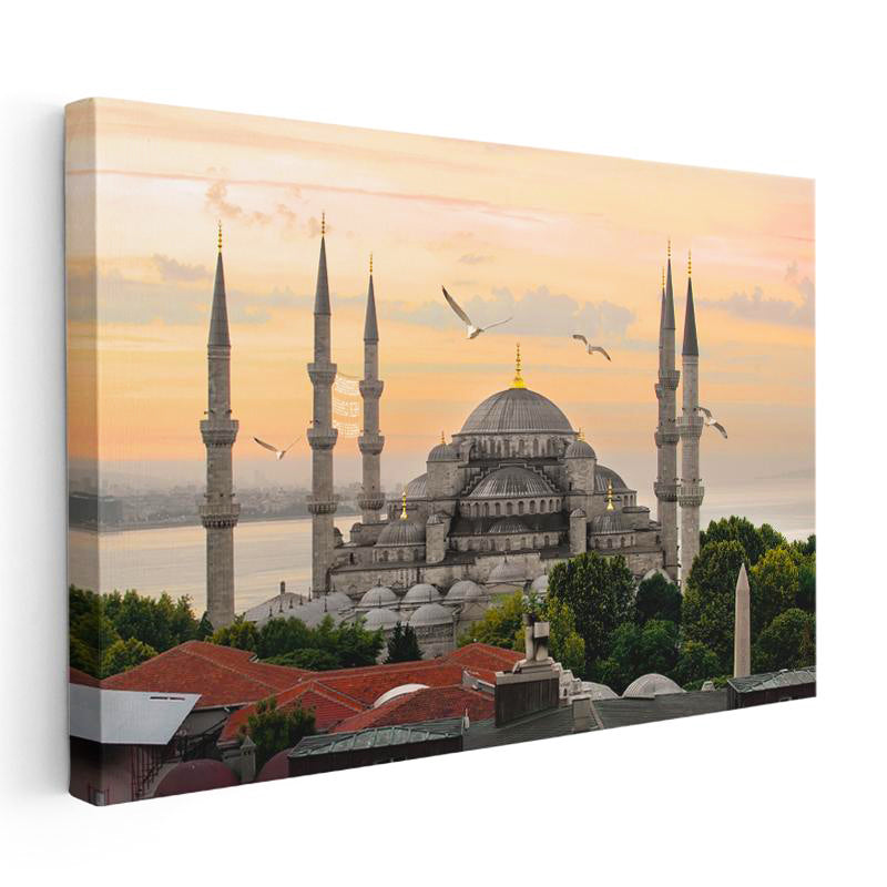 Yatay Kanvas Tablo Sultanahmet Camii ve Martı Sürüsü Şehir Mimari Tablo Ev Ofis Duvar Dekoru