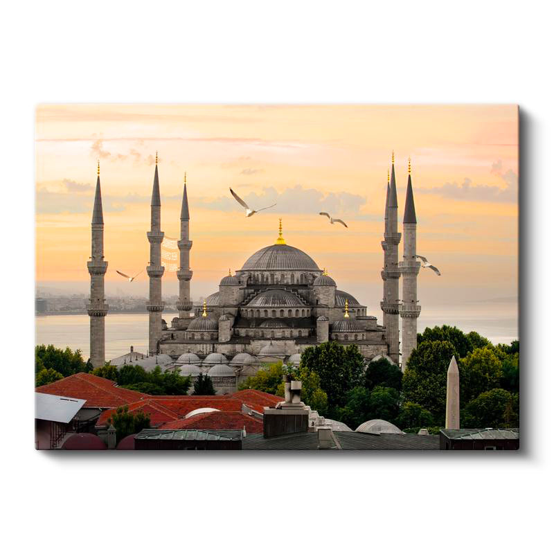 Yatay Kanvas Tablo Sultanahmet Camii ve Martı Sürüsü Şehir Mimari Tablo Ev Ofis Duvar Dekoru
