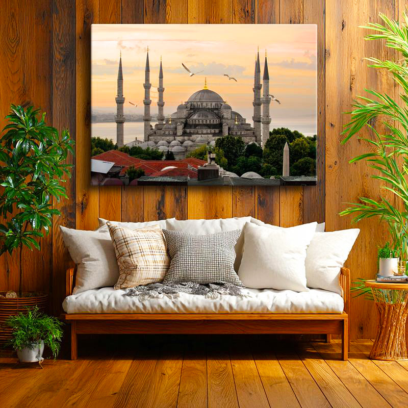 Yatay Kanvas Tablo Sultanahmet Camii ve Martı Sürüsü Şehir Mimari Tablo Ev Ofis Duvar Dekoru