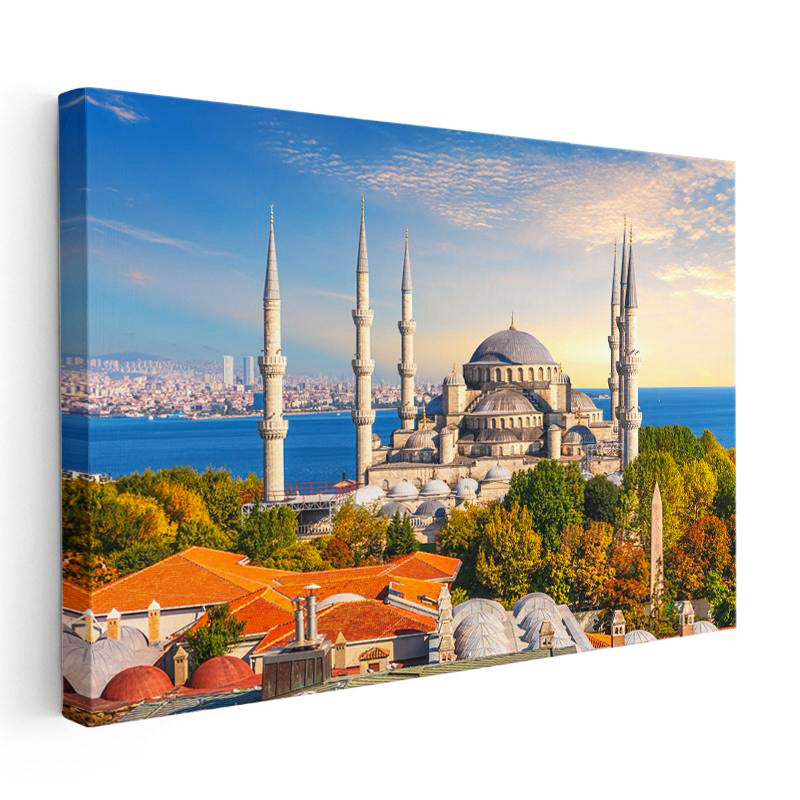 Yatay Kanvas Tablo Sultanahmet Camii ve Yeşillik Manzara Şehir Mimari Tablo Ev Ofis Duvar Dekoru